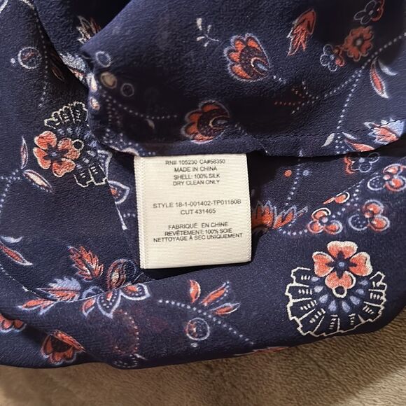 Joie S Navy Floral Silk Romantic Button Front Ruched Back Long Sleeve Blouse - Picture 11 of 12